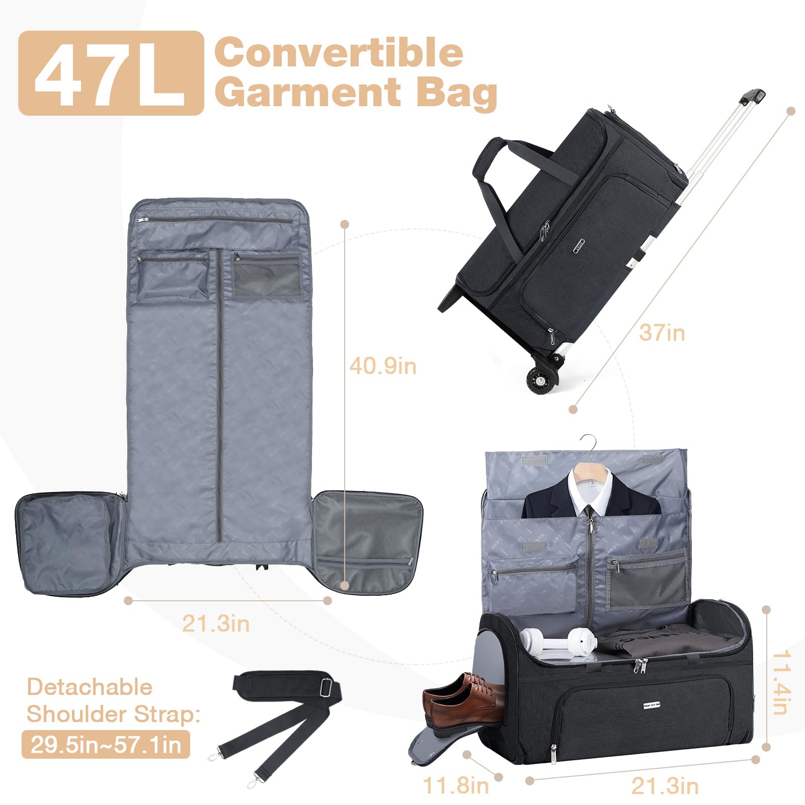 Premium Garment Bags with Wheels - Convertible Weekender Travel Bag, Large Duffle Luggage for Business Trips & Formal Events (Black) - Perfect for Air Travel, Weddings & Business Meetings