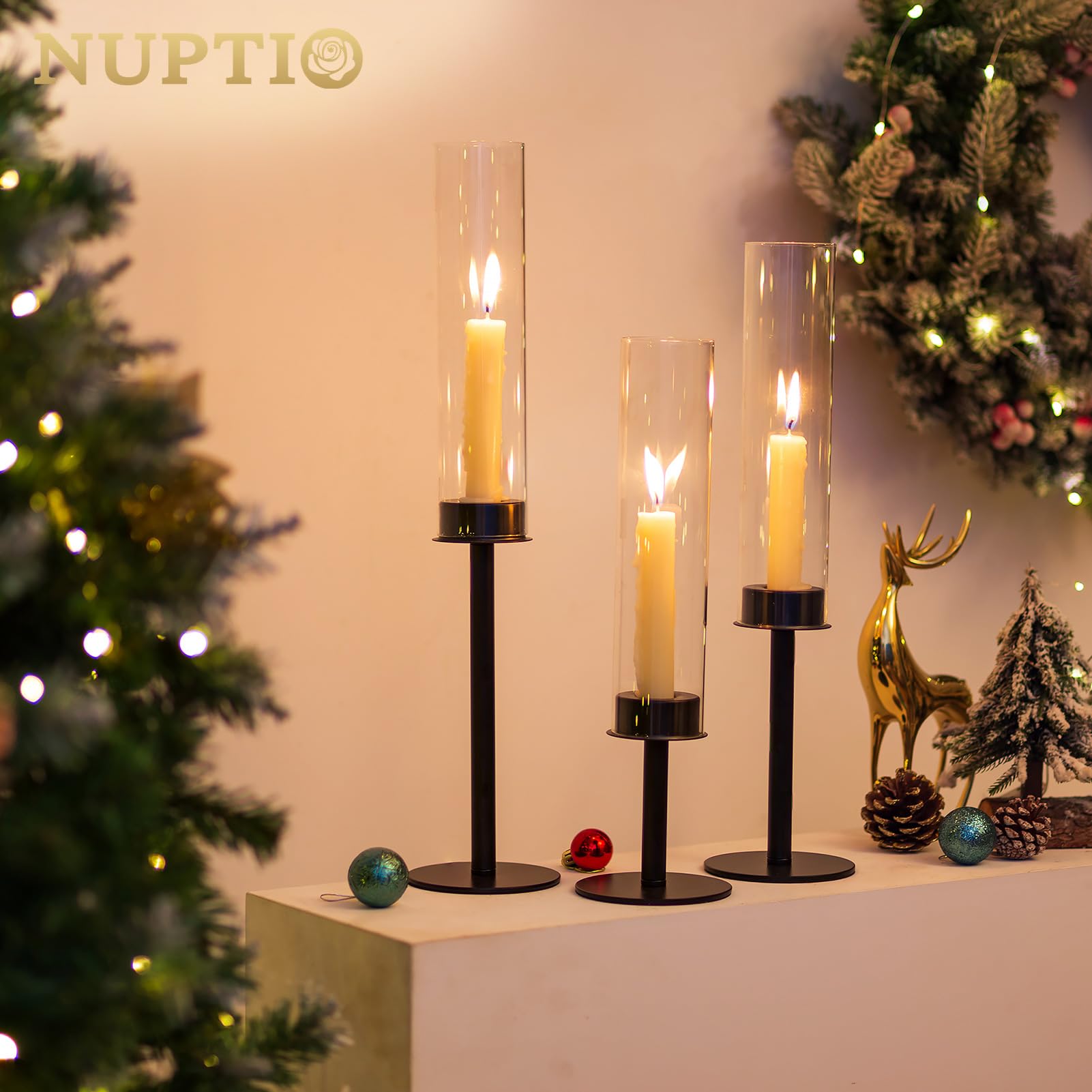 NUPTIO 18-Piece Black Hurricane Candle Holders Set with Crystal Glass Cylinder Sleeves - Metal Taper Candle Stick Holders for Christmas, Thanksgiving, Weddings & Party Centerpieces - Elegant Table Decor for Dining Room, Fireplace Mantel & Holiday Events