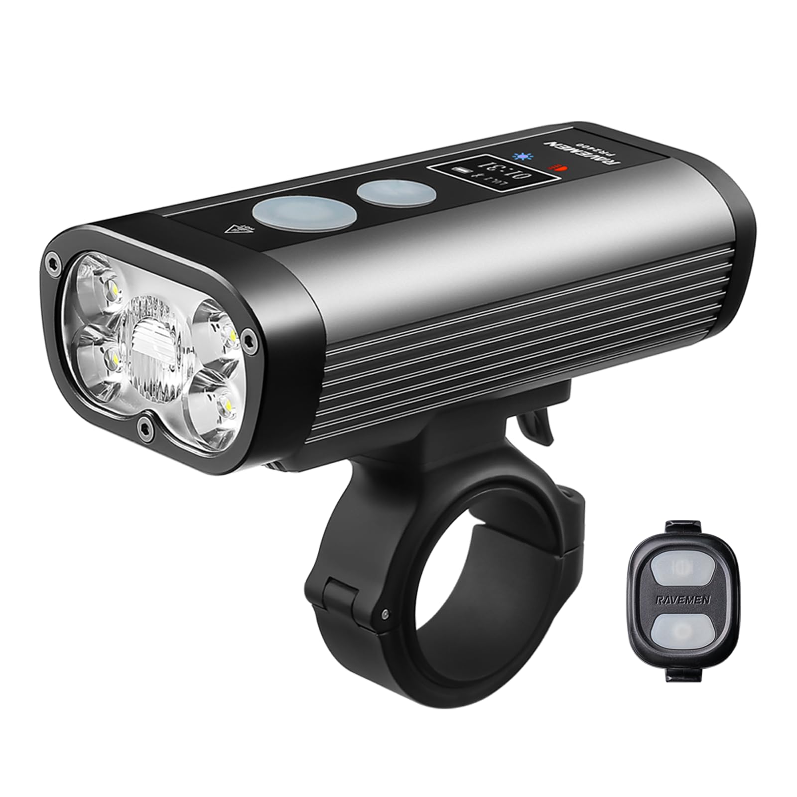 RAVEMEN PR2400 2400 Lumens Bike Headlight - Mountain Bike Light with OLED Runtime Display, USB Output, High/Low Beam, IPX8 Waterproof - Perfect for Night Cycling, Commuting & Trail Riding
