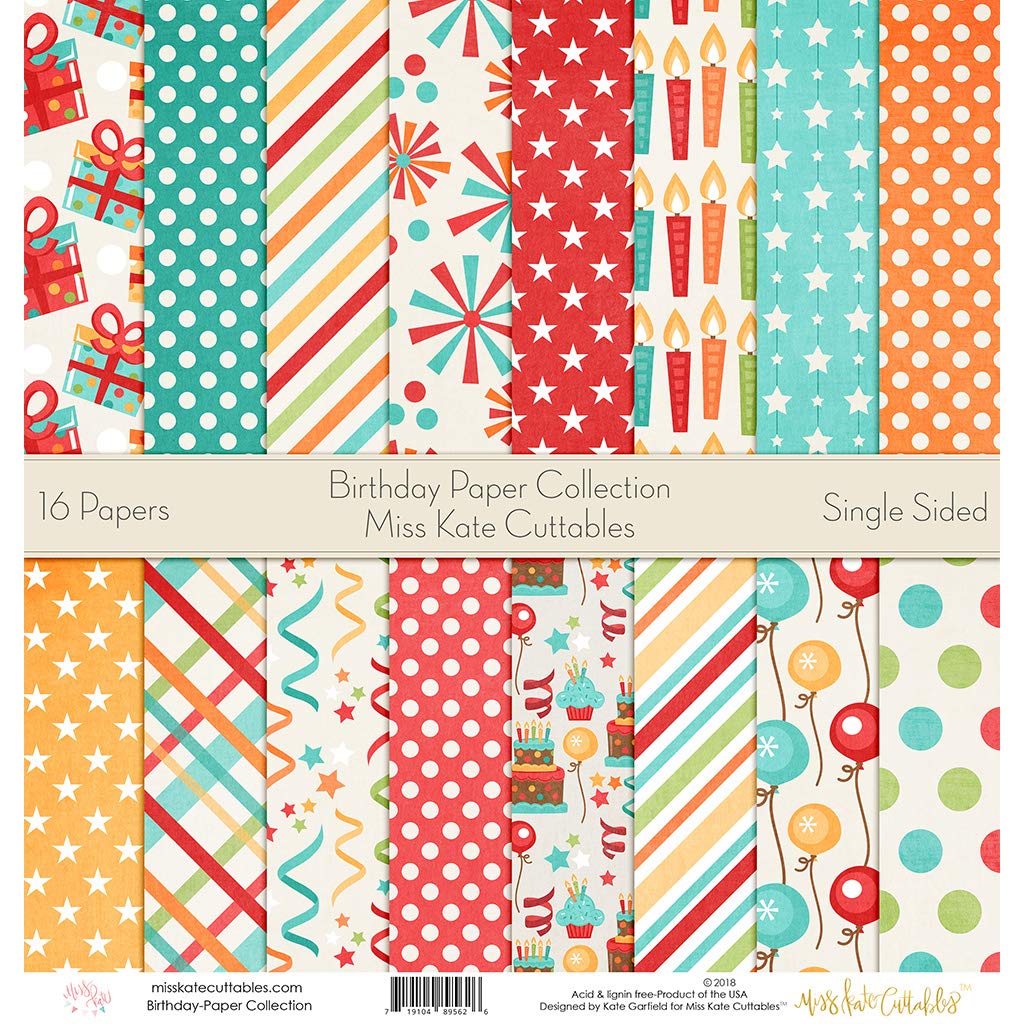 Miss Kate Cuttables Birthday Scrapbook Paper Pack - 16 Sheets Premium 12x12 Single-Sided Pattern Paper for Card Making, DIY Crafts & Memory Albums - Perfect for Party Decorations & Gift Wrapping