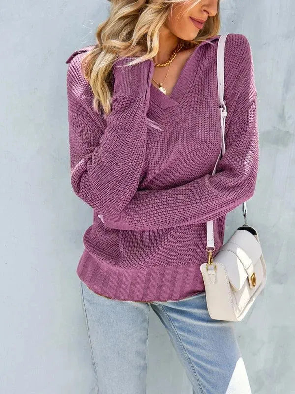 Women's V-Neck Polo Sweater Top - Soft & Stylish Knit Pullover for Casual Wear, Office & Layering