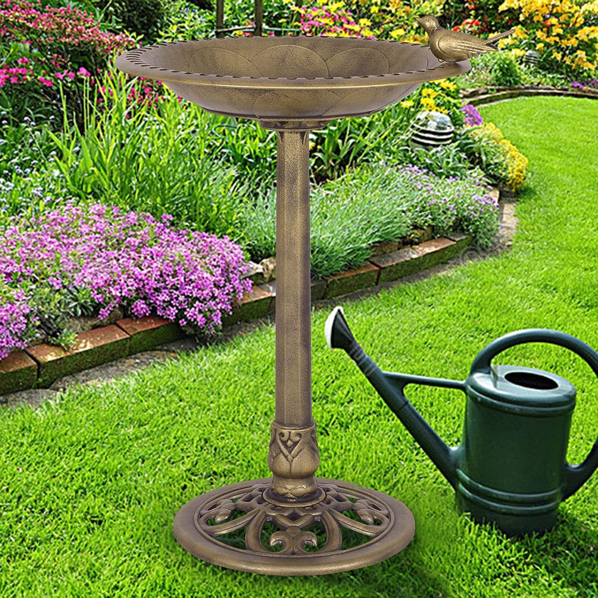 Antique Gold Freestanding Pedestal Bird Bath Feeder - Outdoor Garden Decor for Birds, Gardening Supplies for Men & Women - Perfect for Backyard, Patio, and Yard Decoration