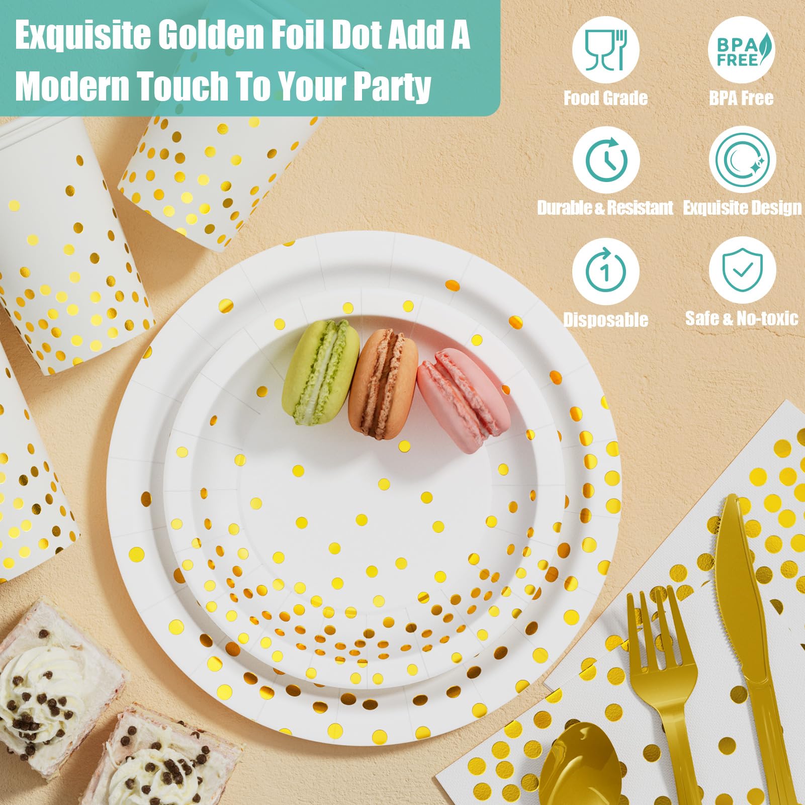 350PCS White & Gold Disposable Dinnerware Set - Paper Plates, Napkins, Cups, Plastic Forks, Knives & Spoons - Elegant Party Supplies for Birthday, Christmas, Retirement & New Year's Eve 2025 Decorations - Perfect for Women & Men's Celebrations, Dinner Parties & Special Events