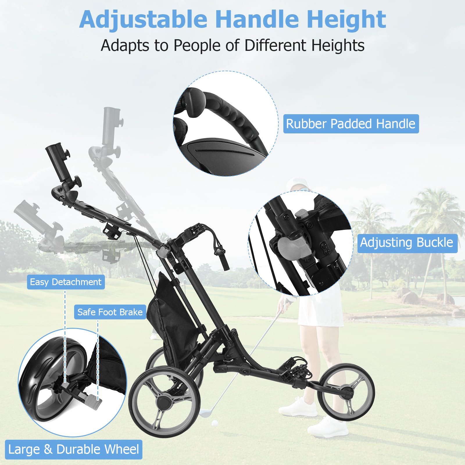 Tangkula Lightweight Aluminum Golf Push Cart - 3-Wheel Collapsible Golf Trolley with Elastic Strap, Umbrella Holder, Cup Holder, Scoreboard Storage & Foot Brake | Perfect for Golf Courses, Driving Ranges & Outdoor Practice