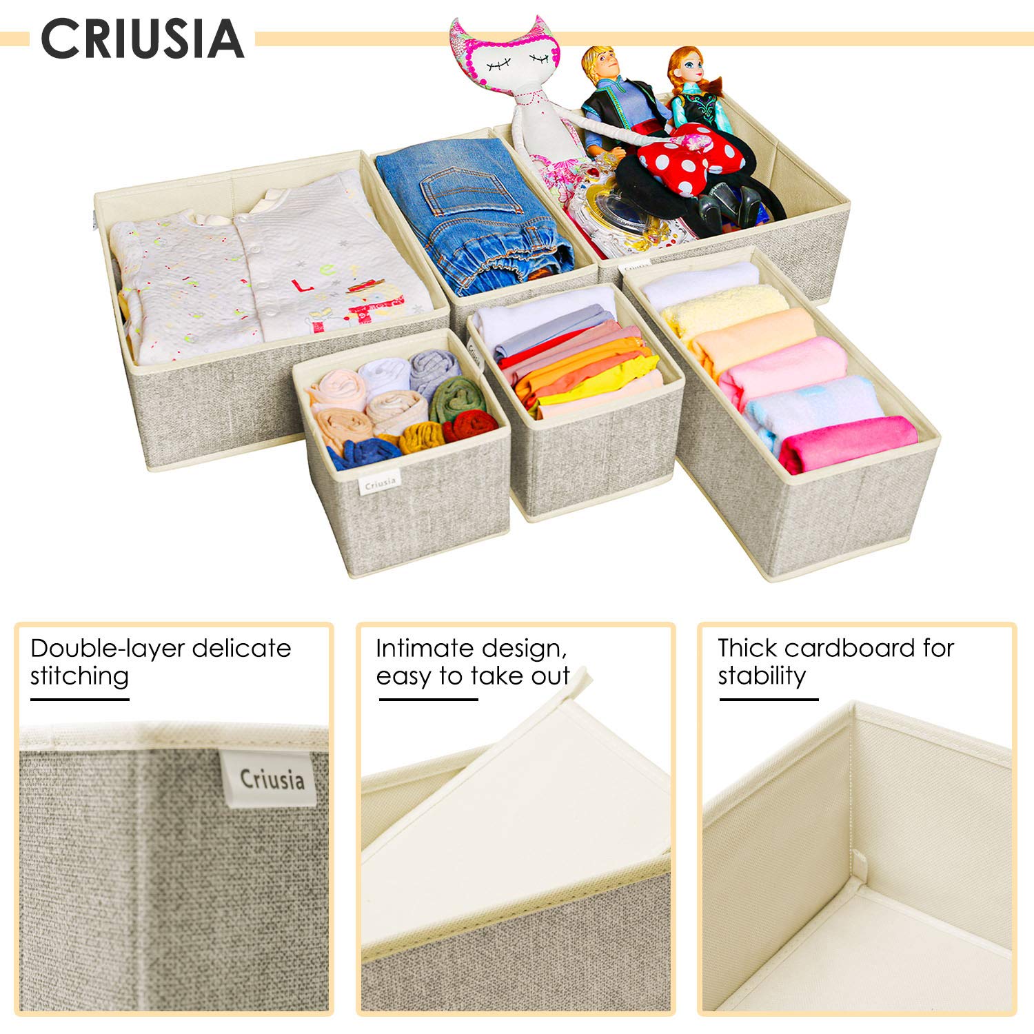 Criusia 6-Piece Foldable Underwear Drawer Organizer Set - Closet Dividers & Storage Bins for Clothes, Socks, Bras, Panties (Beige) | Perfect for Bedroom, Dresser & Closet Organization