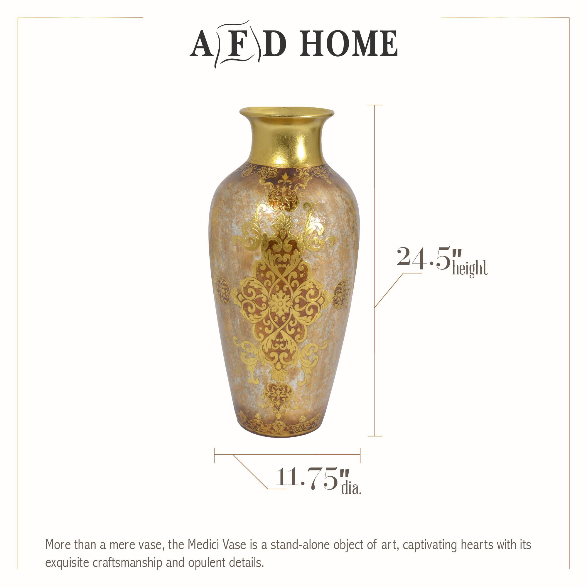 Medici Vase - Antique Style Tall Gold Flower Vase (11.61 x 24.40 Inches) for Home Decor, Wedding Centerpiece & Luxury Table Display