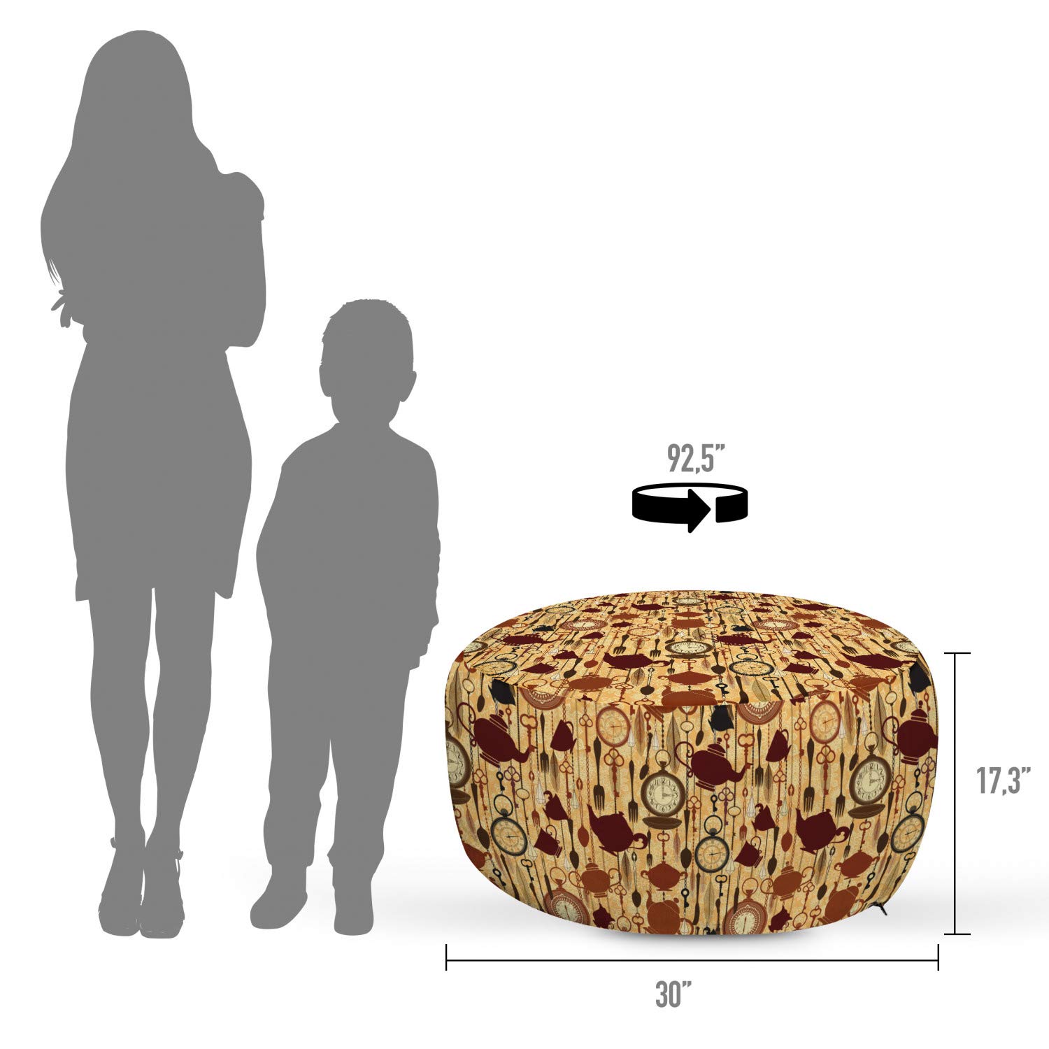 Ambesonne Victorian Style Tea Party Pouf Cover with Zipper - Brown Redwood Floral Print Decorative Fabric Unstuffed Case 30x17.3 Inch - Perfect for Living Room, Bedroom or Nursery Decor
