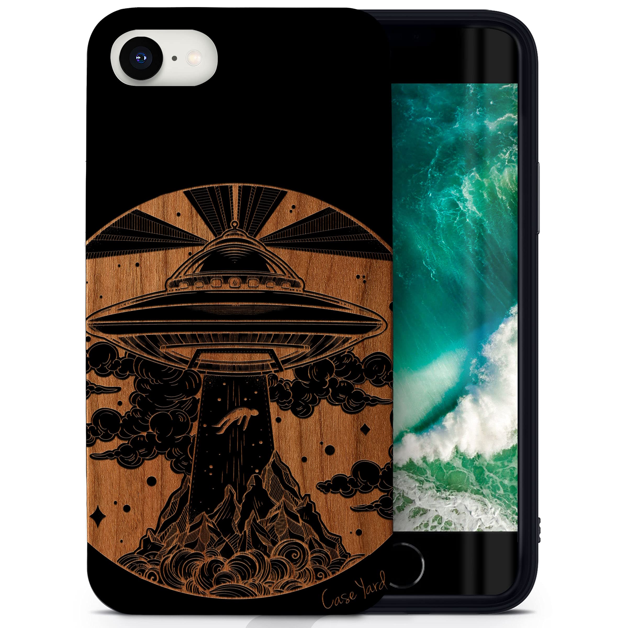 Wooden iPhone SE Case with Laser Engraved Alien Spaceship Design - Shockproof Slim Fit Protective Cover for Men & Women - Perfect for Everyday Use, Travel & Outdoor Adventures