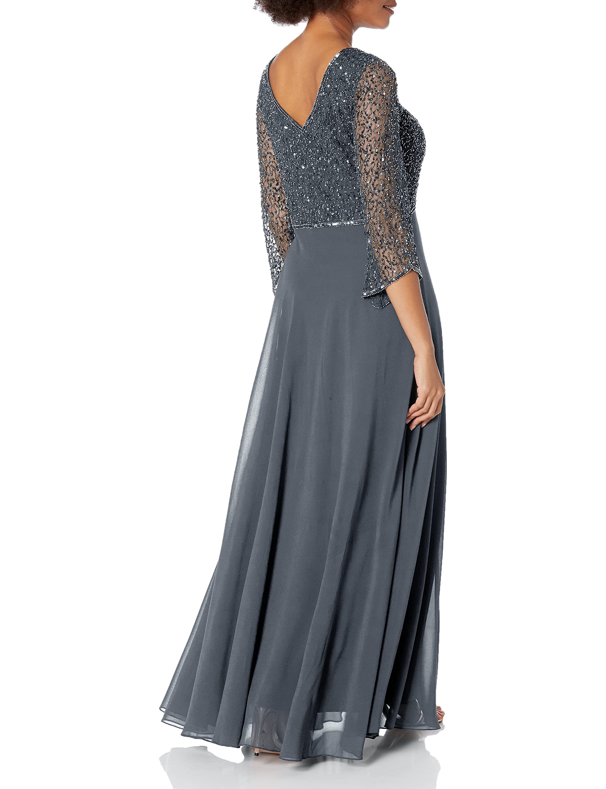 J Kara Women's Petite 3/4 Sleeve V-Neck Beaded Blouse Long Dress for Evening Party, Wedding Guest, Formal Occasions