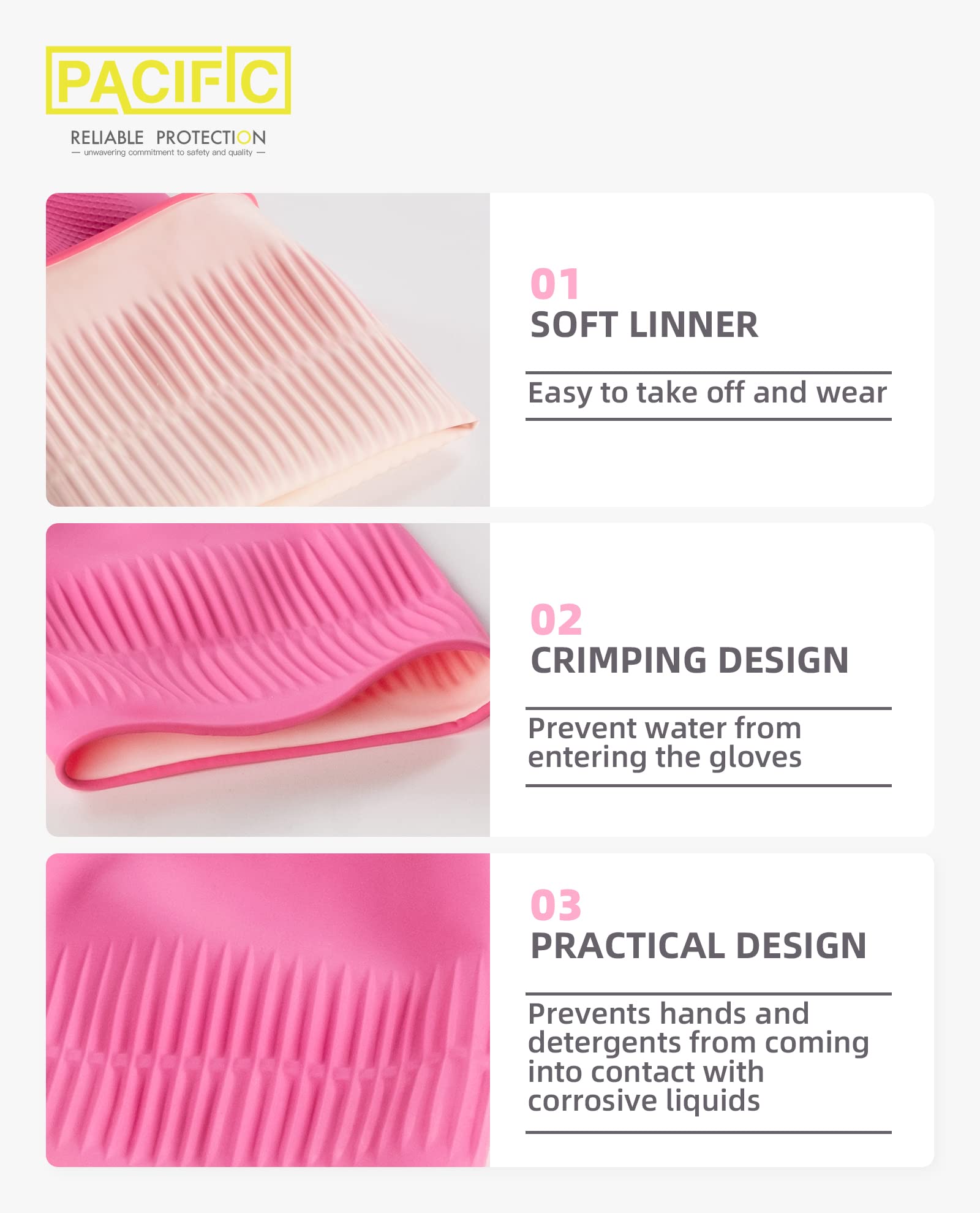 **PACIFIC 2 Pairs Reusable Rubber Gloves for Washing Dishes & Cleaning - Waterproof Kitchen & Bathroom Gloves with Grip - Latex Dishwashing Gloves (Pink, Medium) - Perfect for Household Chores & Gardening**