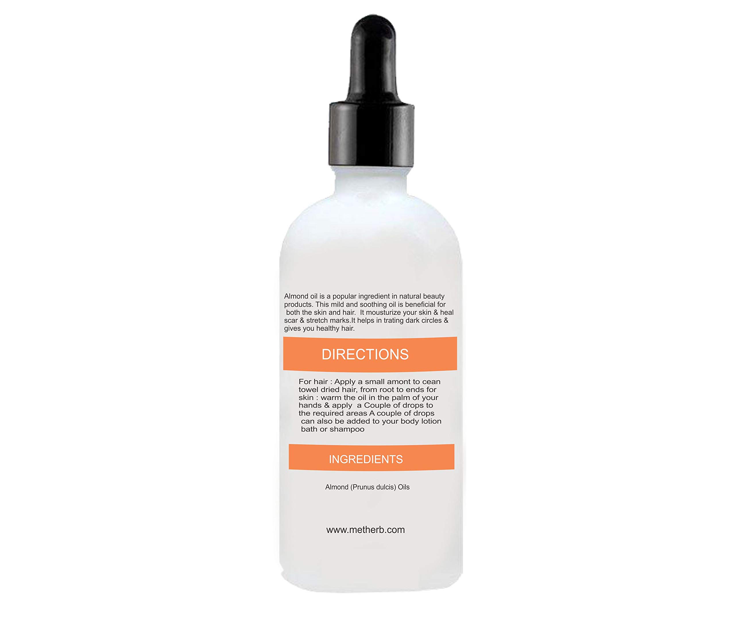 Pure Organic Almond Essential Oil by Metherb - 100ml for Aromatherapy, Massage & Skin Care