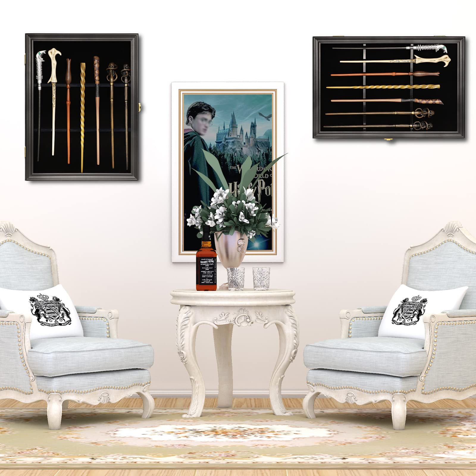 Magic Wand Display Case - Universal Wall Mount Stand for 7 Wands, Lockable Vertical/Horizontal Hanging Wooden Rack (Black) | Perfect for Harry Potter Collections, MagiQuest Games & Witchcraft Decor