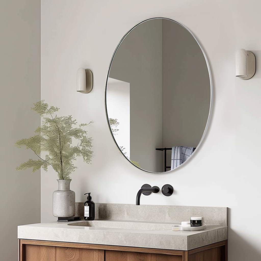 ANDY STAR 24x32 Inch Polished Chrome Oval Bathroom Mirror - Modern Stainless Steel Wall Mirror with Pill Shape Design | Perfect for Vanity, Powder Room & Contemporary Home Decor