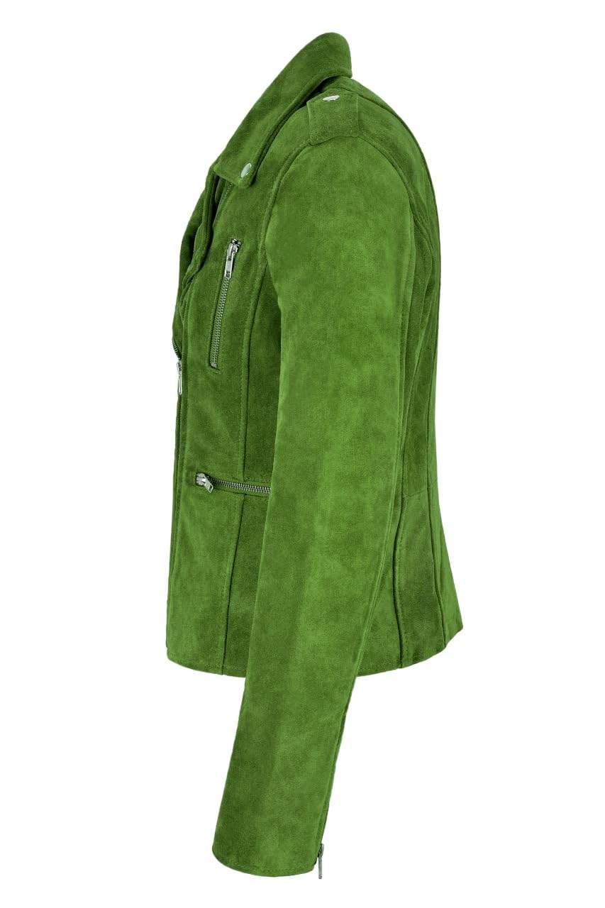 Women's Classic Biker Western Jacket - Genuine Leather & Suede in Lime Green - Stylish Casual Outerwear for Motorcycle Riding, Night Out & Everyday Wear (7113-A)