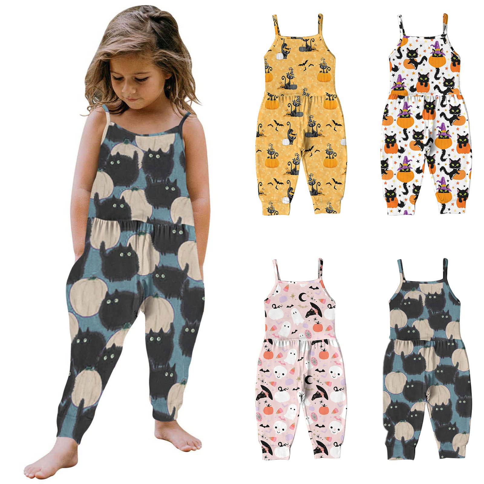 Halloween Baby Clothes - Funny Cat Ghost Print Sling Romper Jumpsuit for Toddler Girls | Cute Cartoon Costume with Pockets | Perfect for Halloween Parties, Trick-or-Treating & Photo Shoots