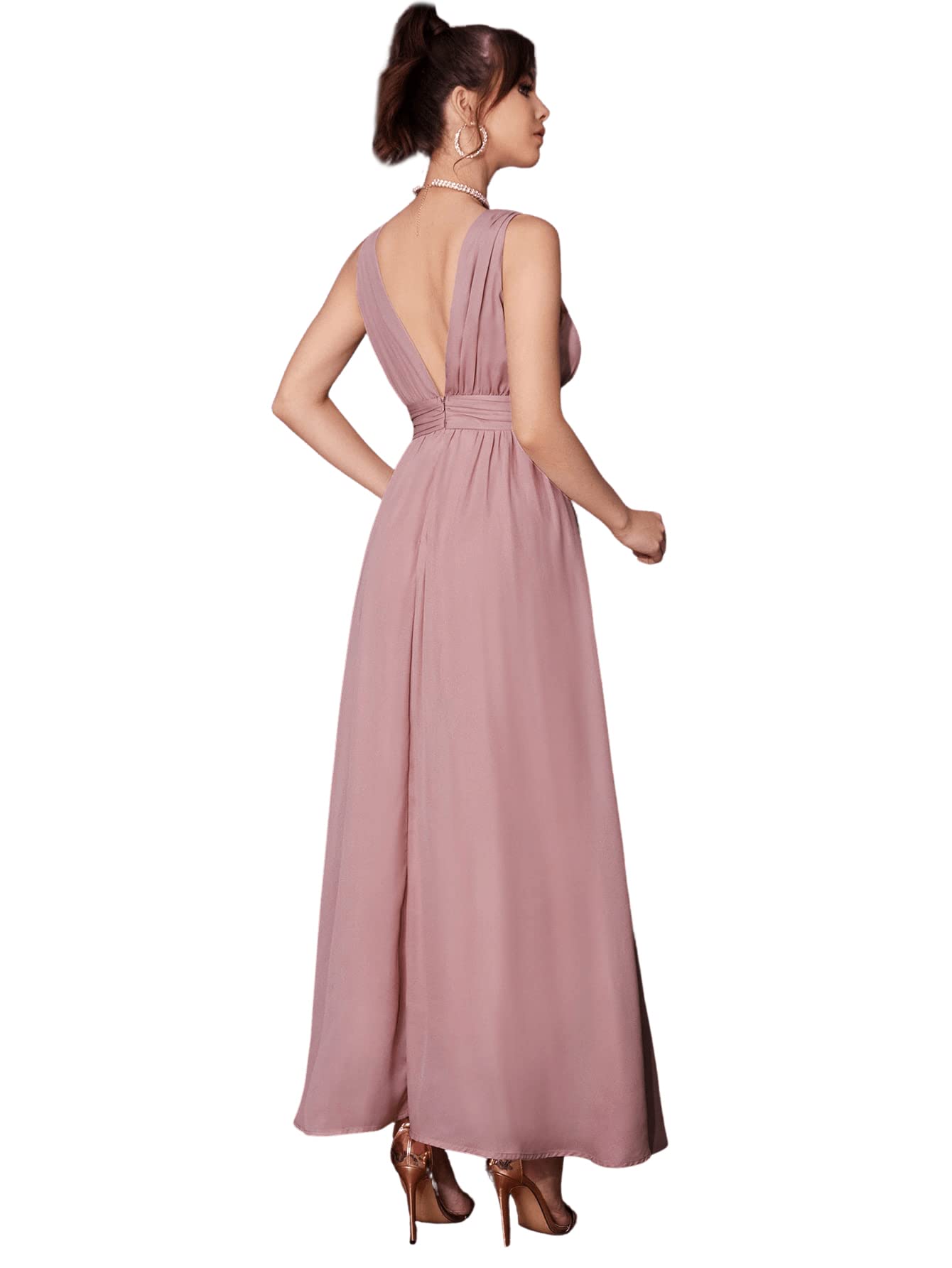 Floerns Women's Sexy Plunging V-Neck Long Dress with Thigh High Slit & Ruched Detail - Elegant A-Line Formal Gown for Prom, Evening Party & Special Occasions