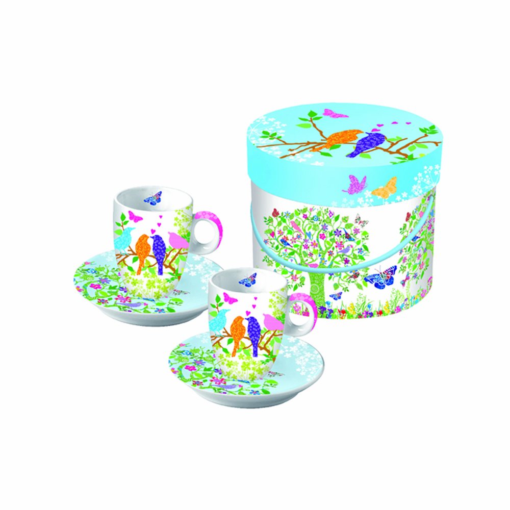 Elegant Springtime Birds Design Paper Gift Box with 2 Demitasse/Espresso Cups - Perfect for Coffee Lovers & Home Decor