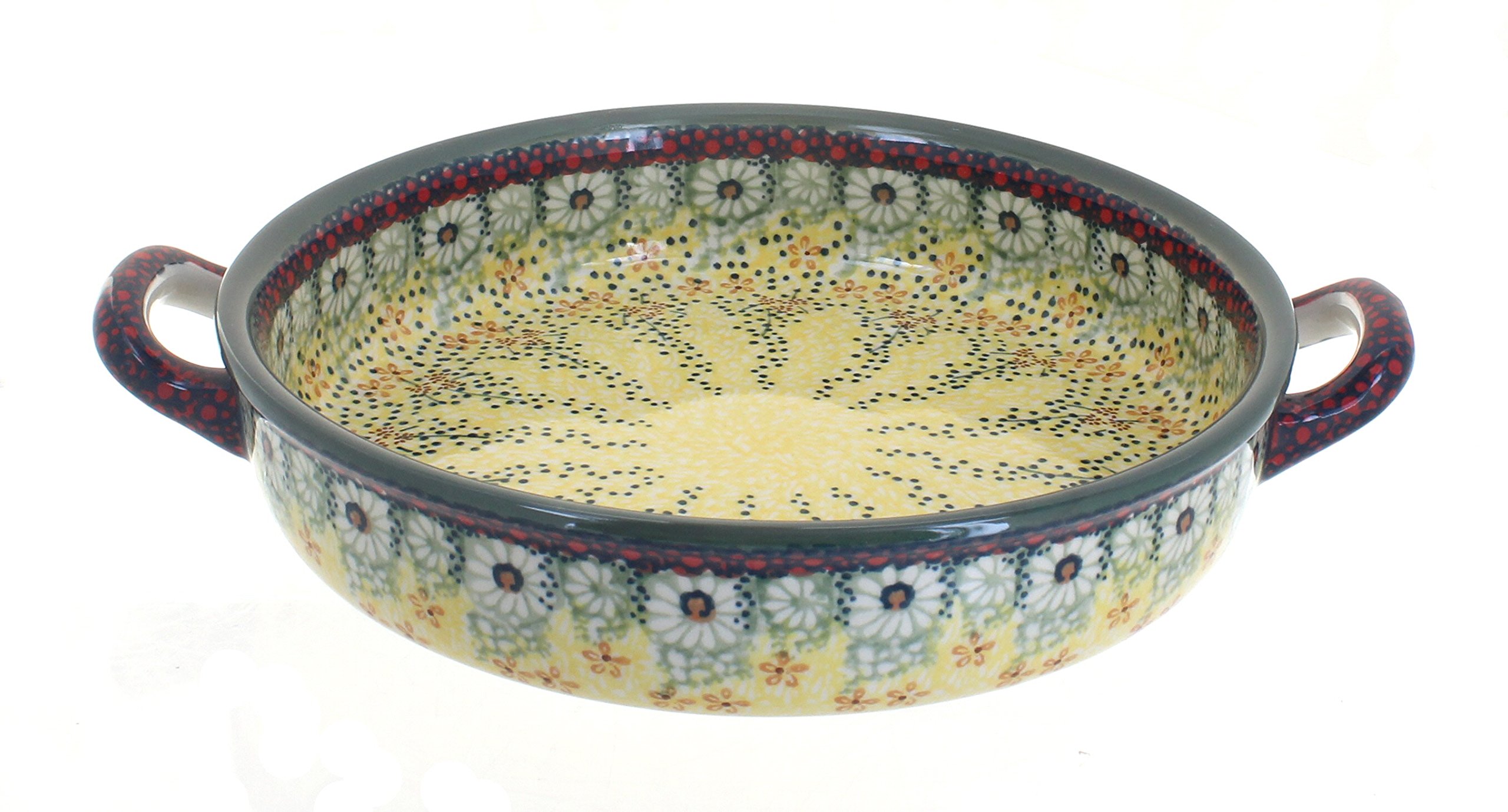 Handmade Blue Rose Polish Pottery Sunshine Grotto Round Baker with Handles - Small Ceramic Baking Dish for Casseroles, Pies & Desserts | Perfect for Oven, Microwave & Table Serving