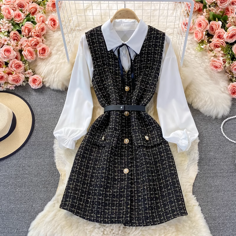 Elegant Autumn V-Neck Long Sleeve Vest & Shirt Two-Piece Set 1378 | Women's Fashion Outfit for Work, Dating & Fall Season
