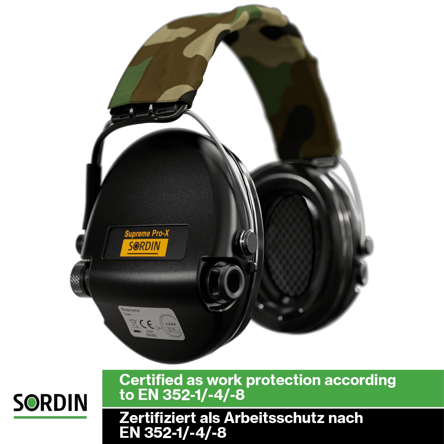 Sordin Supreme Pro-X Electronic Earmuffs with Camo Headband & Gel Pads - Active Noise Cancelling Hearing Protection for Shooting, Hunting & Construction Work