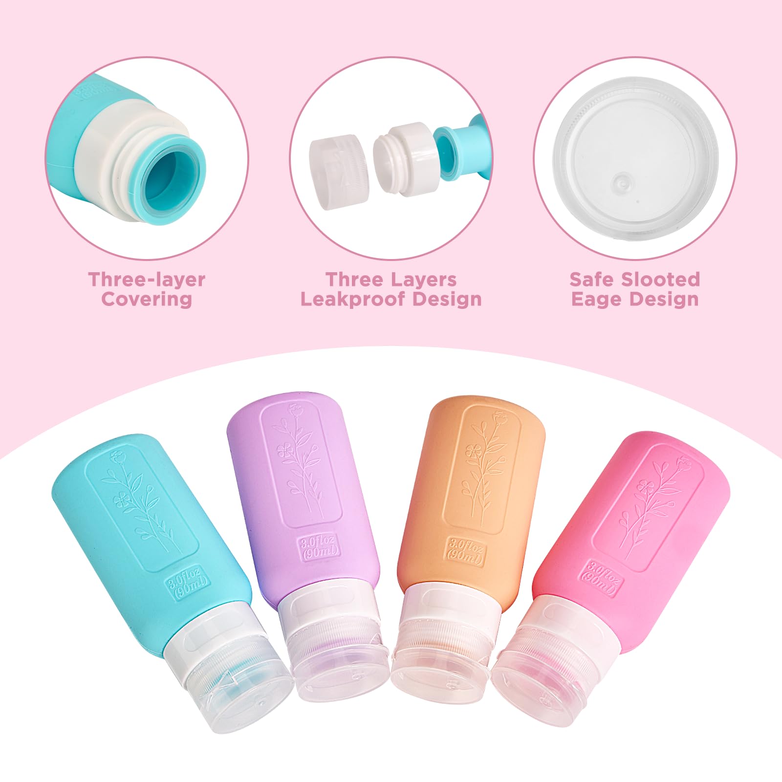 YAMYONE 3OZ TSA Approved Travel Bottles for Toiletries - BPA Free Leak Proof Refillable Shampoo Containers | Perfect for Airplane Carry-On, Gym, Camping & Vacation Essentials (Pink)