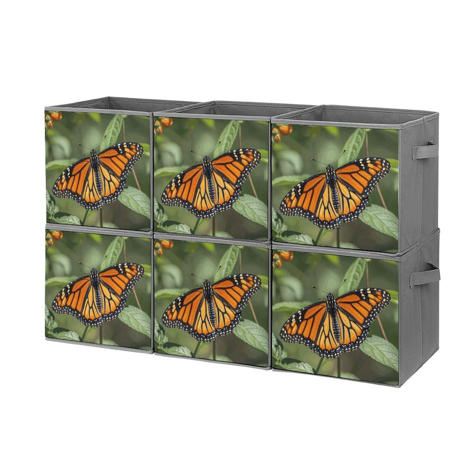 6-Piece Collapsible Storage Bins with Handles - Monarch Butterfly Printed Foldable Organizing Baskets for Shelves, Closet, Pantry | Space-Saving Home Organization Solution for Bedroom, Bathroom & Kitchen Storage