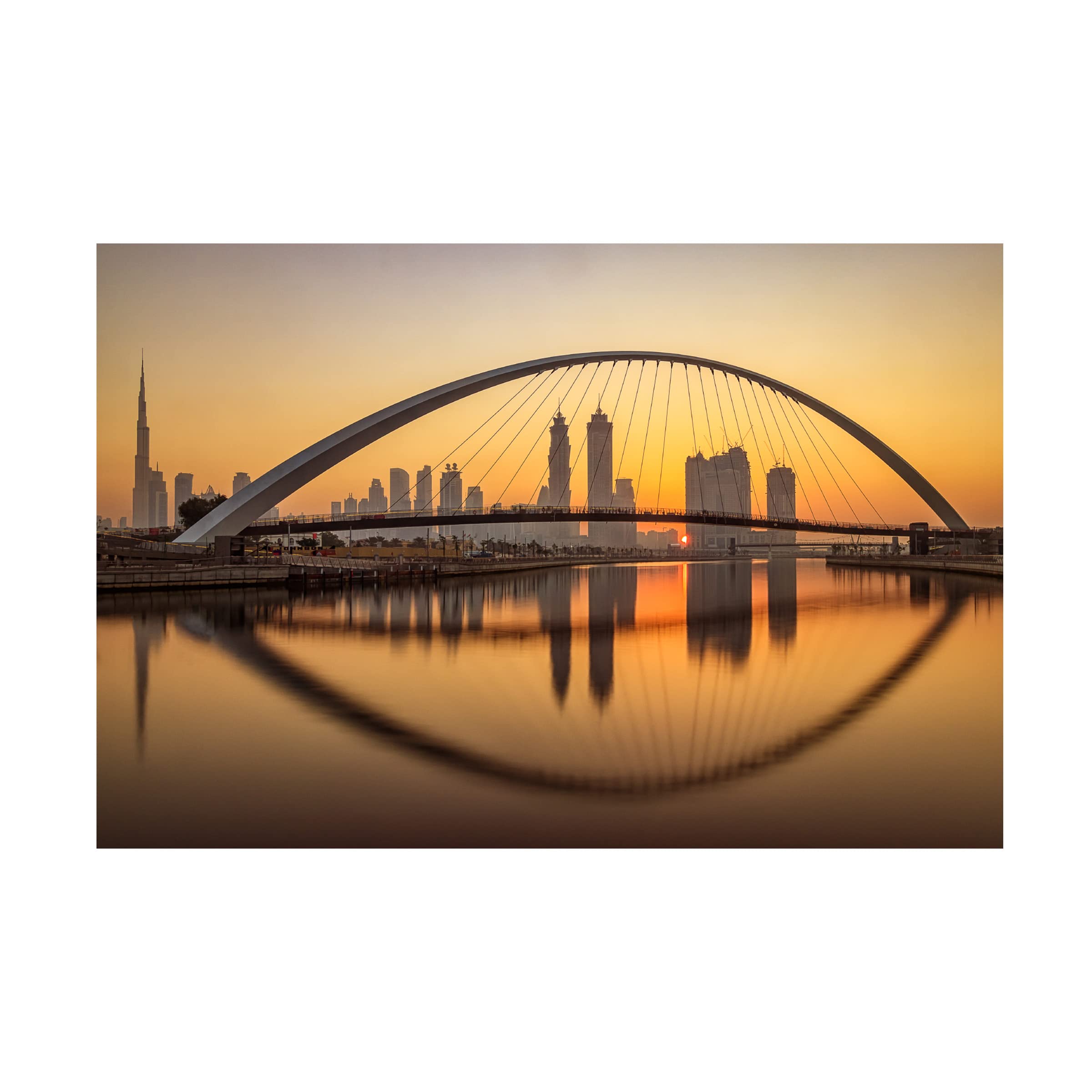 Trademark Fine Art 'Sunrise At The Dubai Water Canal' Canvas Wall Art Print by Mohammed Shamaa - Stunning Landscape Painting for Living Room, Bedroom & Office Decor