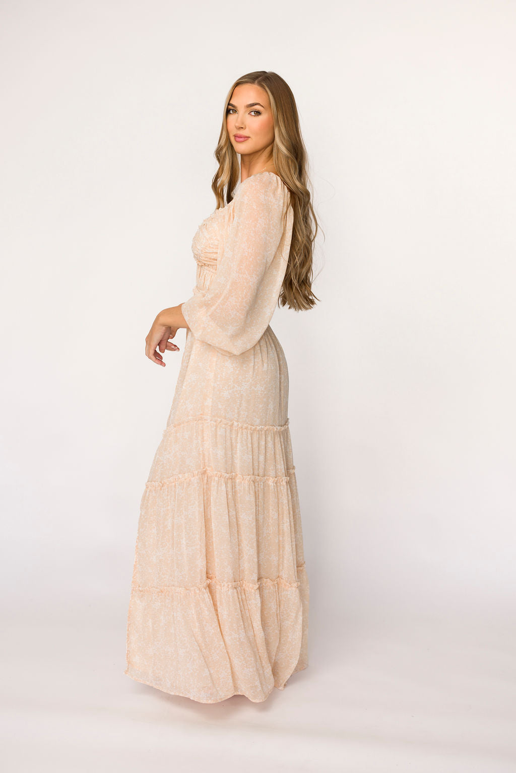 Daphne Long Sleeve Maxi Dress - Light Beige/White Floral Print | Bump Friendly Maternity & Inclusive Sizing (XS-3XL) | Perfect for Pregnancy, Weddings & Special Occasions