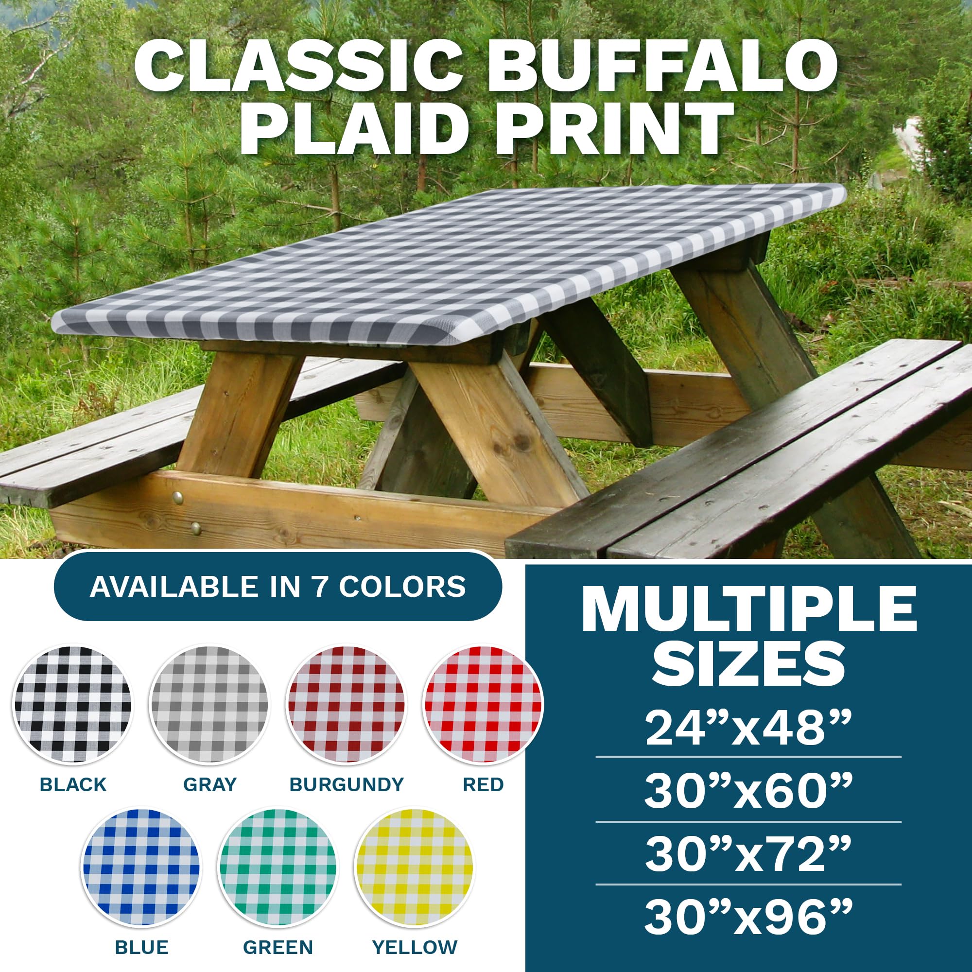 Sorfey Waterproof Picnic Table Cover - Elastic Fitted Vinyl with Flannel Back, Fits 96