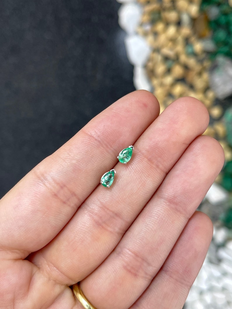 0.70tcw 14K White Gold Pear Cut Emerald Stud Earrings - Light Spring Green Gemstone, 3-Prong Setting for Secure Wear - Perfect for Weddings, Parties & Everyday Elegance