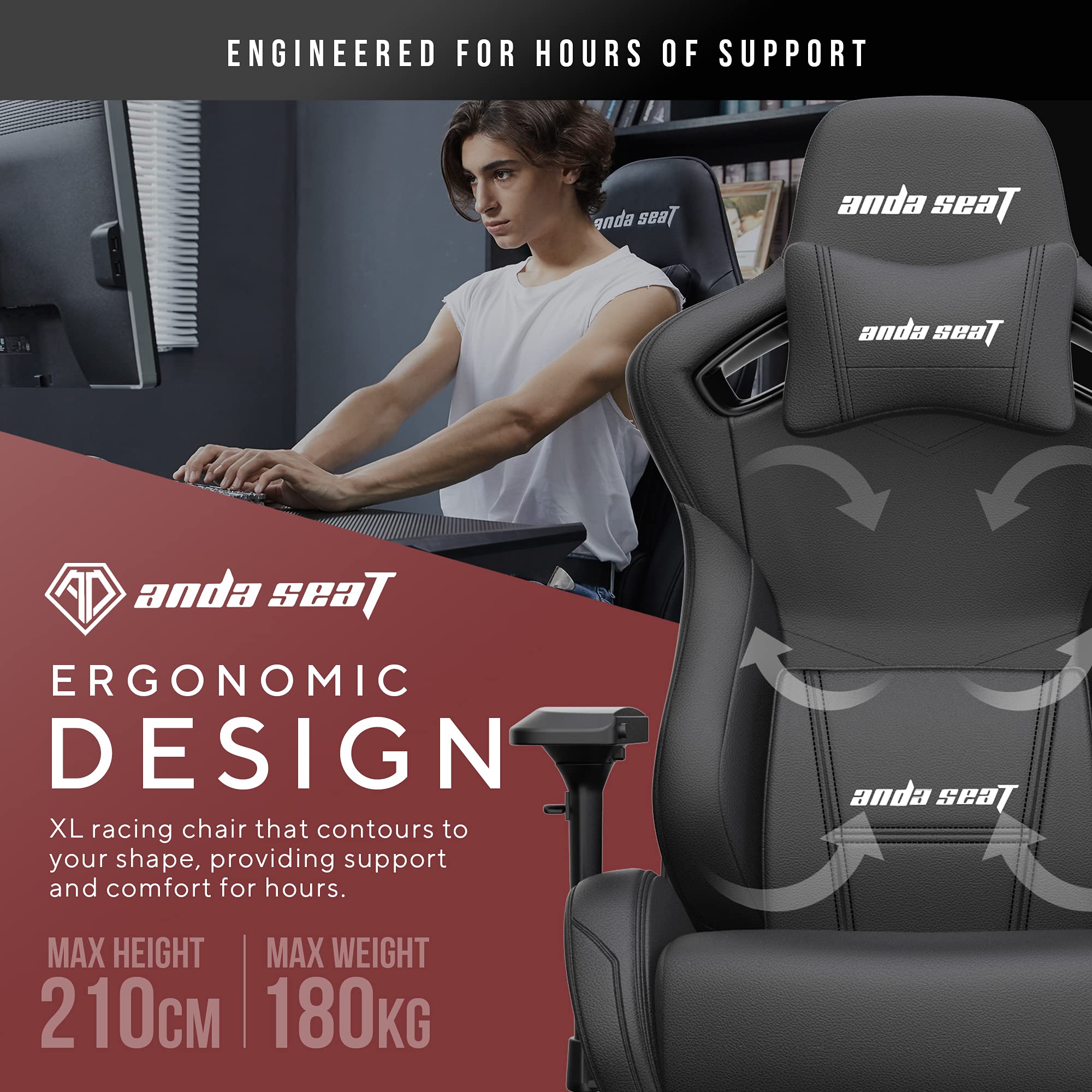 Anda Seat Kaiser 2 Black PVC Leather Gaming Chair - XL Premium Ergonomic Office & Gaming Chair for Adults, Heavy Duty Computer Desk Seat with Memory Foam Lumbar Support & Neck Pillow - Perfect for Esports, Streaming & Long Work Sessions