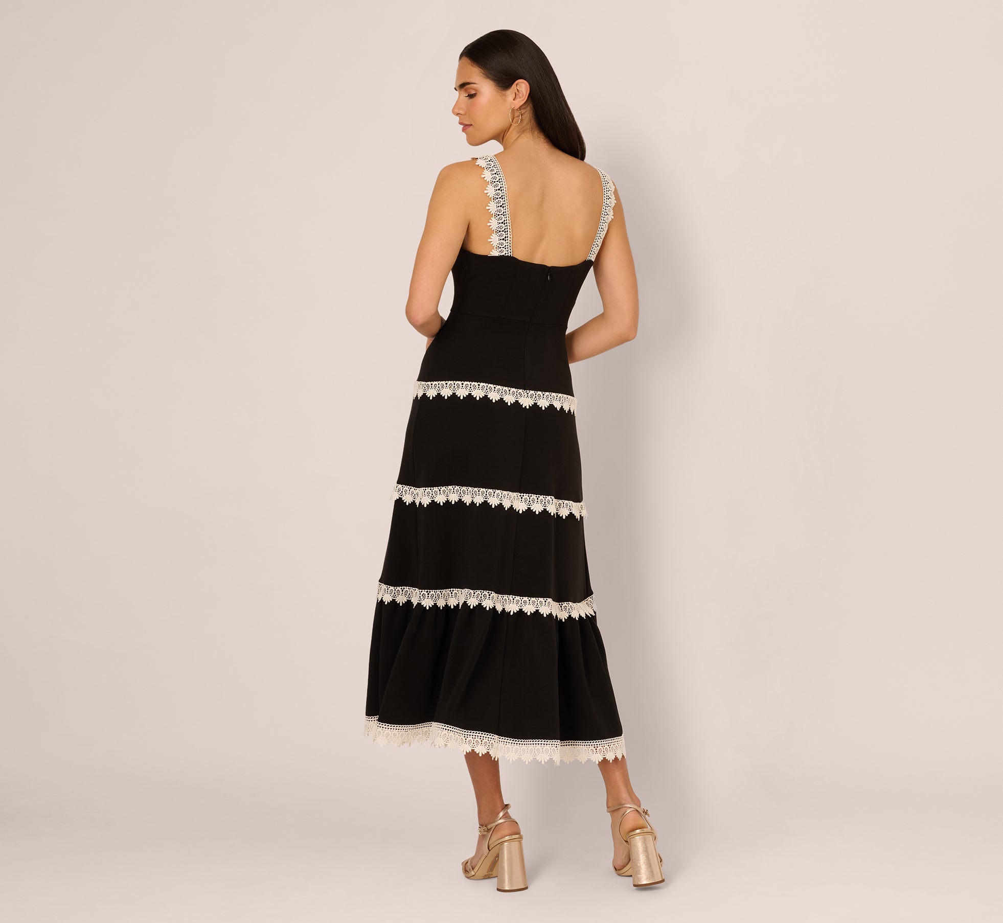 Elegant Sleeveless Crochet Lace A-Line Midi Dress - Black & Ecru for Summer Weddings, Beach Vacations & Boho Parties