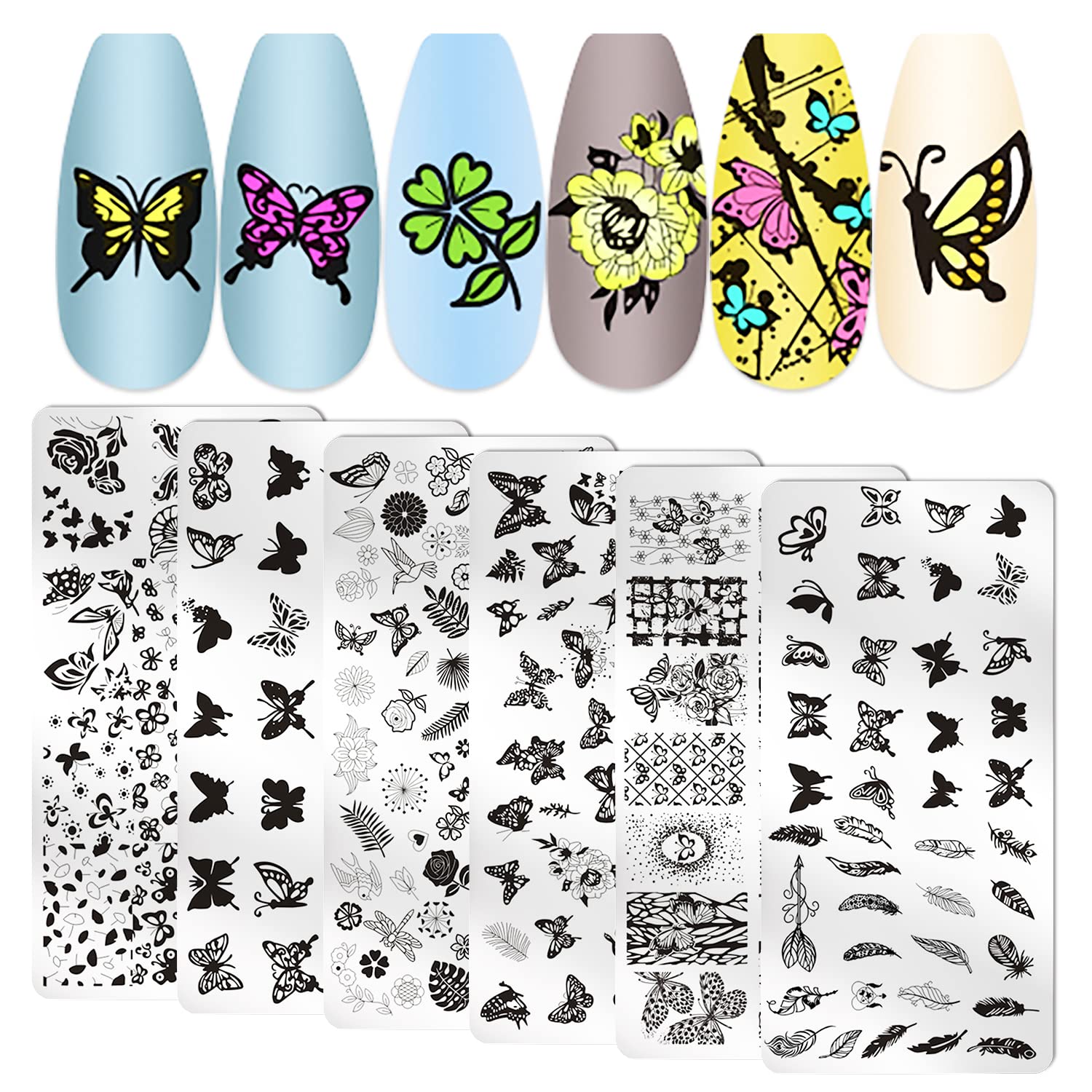 WOKOTO 6Pcs Butterfly Nail Stamping Plates - Floral & Feather Nail Art Stamping Kit for DIY Manicure - Perfect for Salon, Home Use, and Professional Nail Designs