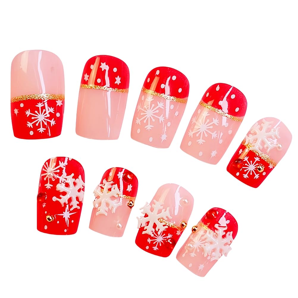 24pcs Christmas Press On Nails with Glue - 3D Snowflake French Tip Fake Nails in Red & Pink for Women & Girls | Holiday Party & Gift Idea