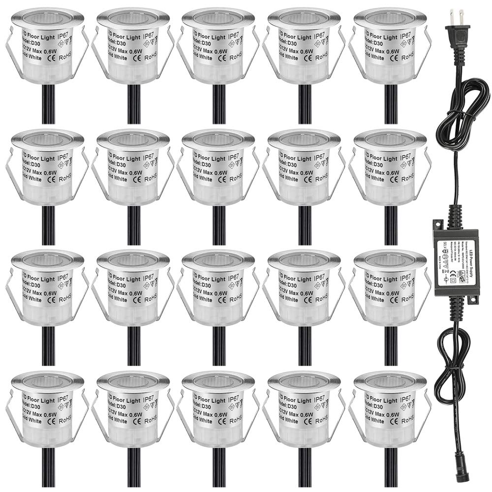 FVTLED Low Voltage LED Deck Light Kit - Waterproof Outdoor Landscape Lighting for Garden, Patio, Stairs (20 Pack, Warm White) | Perfect for Pathway Illumination, Yard Decoration & Nighttime Safety