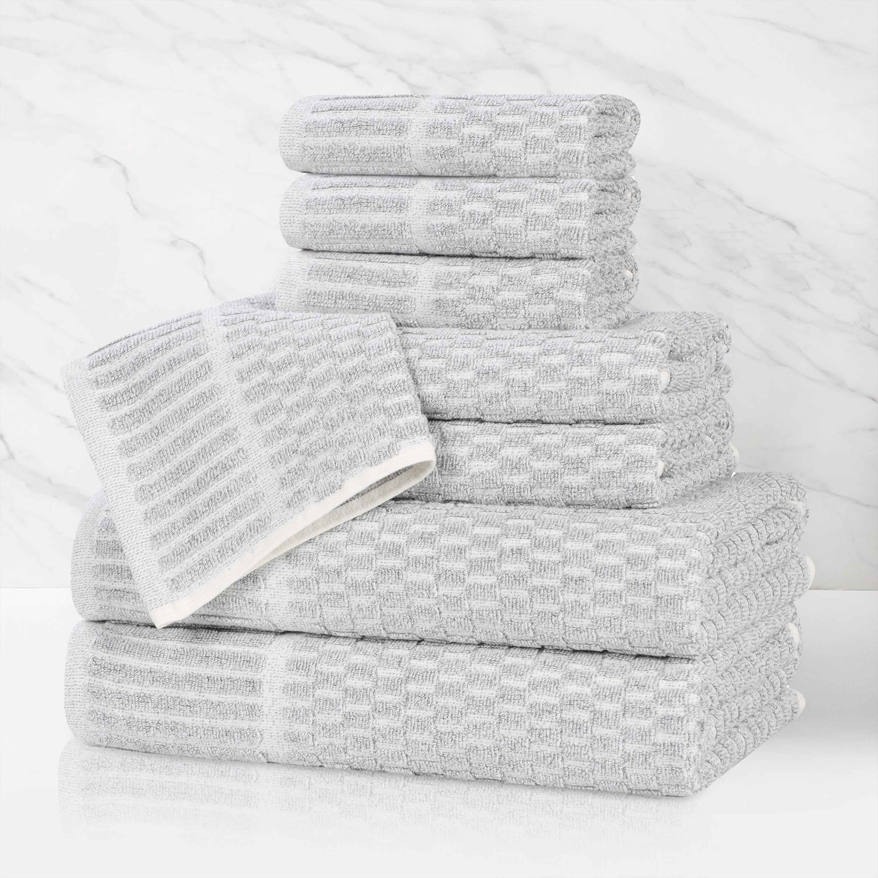 Premium 8-Piece Cotton Blend Checkered Border Towel Set - Medium Weight, Soft & Absorbent for Bathroom, Kitchen & Guest Use