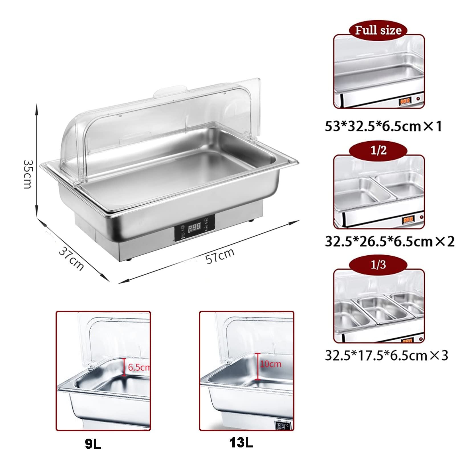 Stainless Steel Chafing Dish Buffet Set with Adjustable Temperature Control (40-100℃) - 600W Electric Food Warmer with Lid - 9L/13L Capacity for Catering, Buffets & Home Entertaining (9L-B, 1/1)