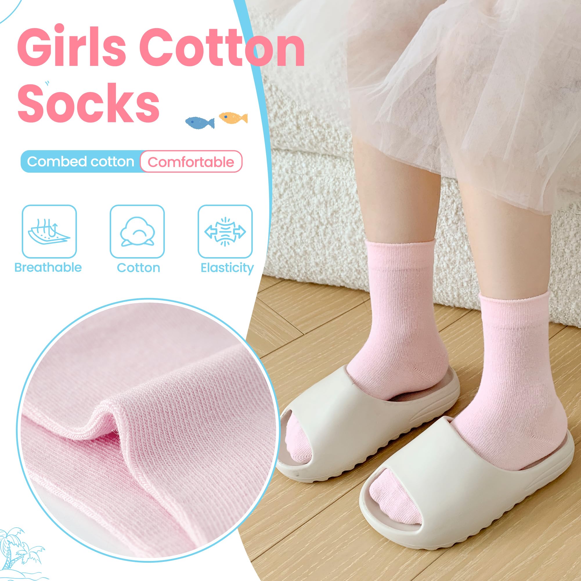 Eocom Girls Crew Socks - 6 Pairs Pack of Cute Cotton Dress Socks for Little Kids & Youth - Perfect for School, Parties, and Everyday Wear