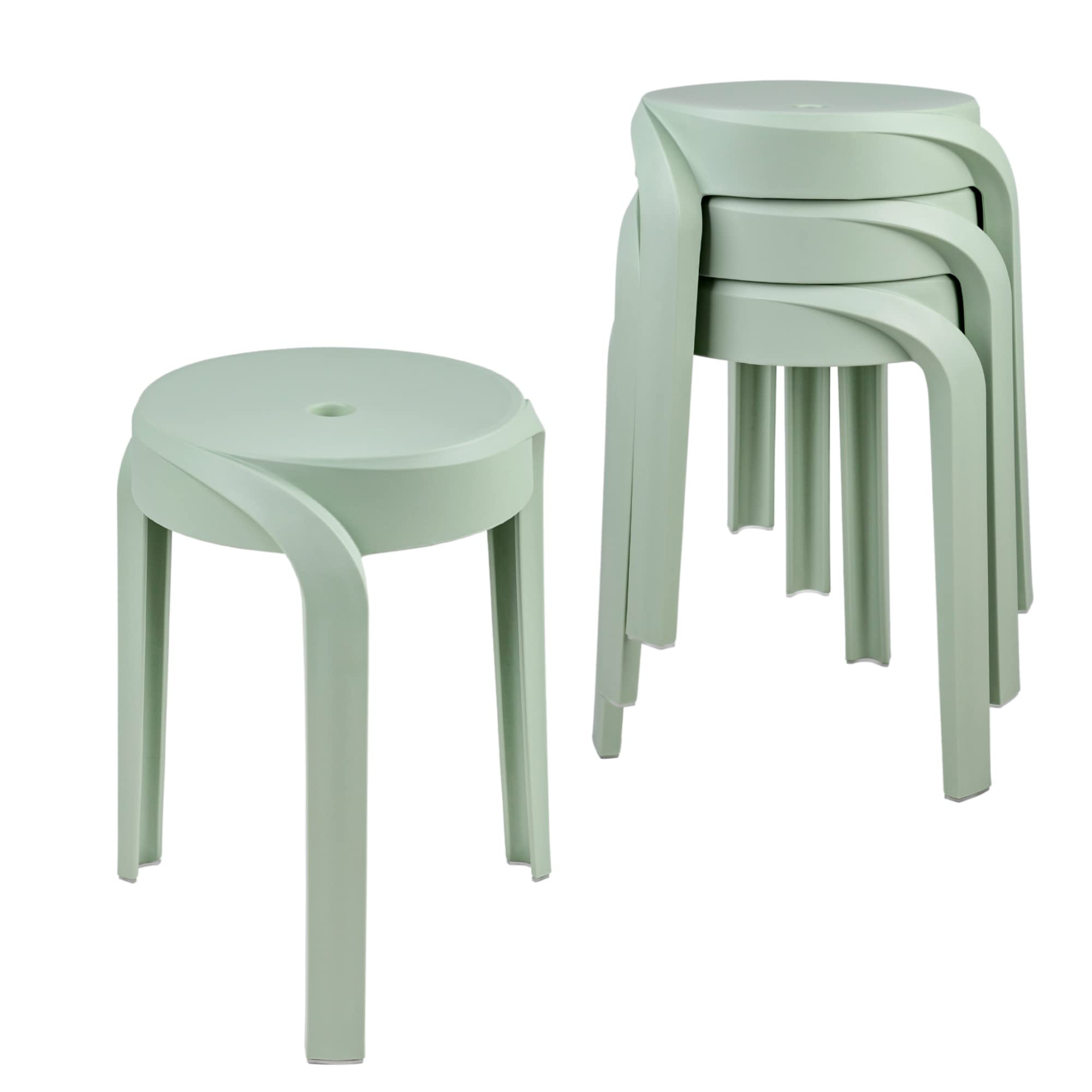 17.7 Inch Modern Plastic Stool Set of 4 - Round Stackable Chairs with Unique Whirl Design, Waterproof for Indoor & Outdoor Use - Perfect for Home, Office, Classroom, Shower, Patio, and Garden (Green)