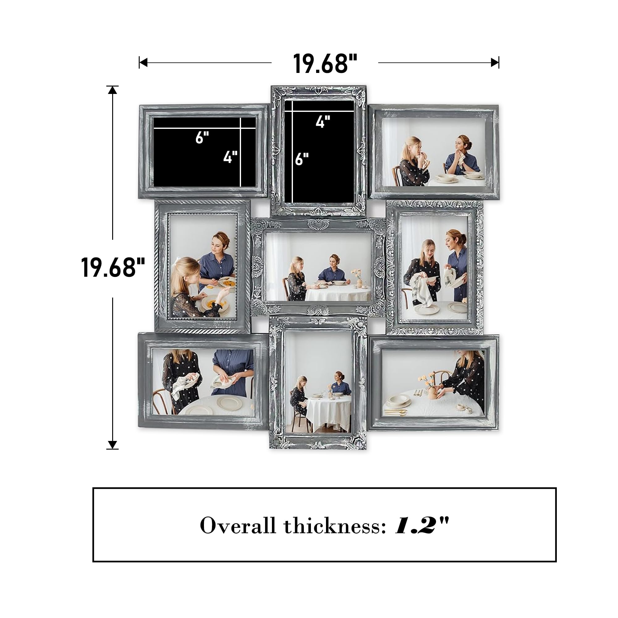 4x6 Picture Frame Collage - 9 Opening Grey Wall Hanging Photo Display for Home Decor | Perfect for Family Photos, Wedding Memories & Living Room Wall Art