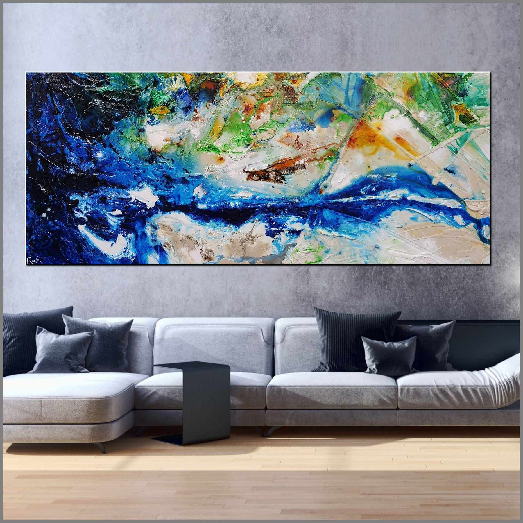 Nature's Sugar 240cm x 100cm Green Cream Blue Textured Abstract Canvas Wall Art - Modern Home Decor for Living Room, Bedroom & Office