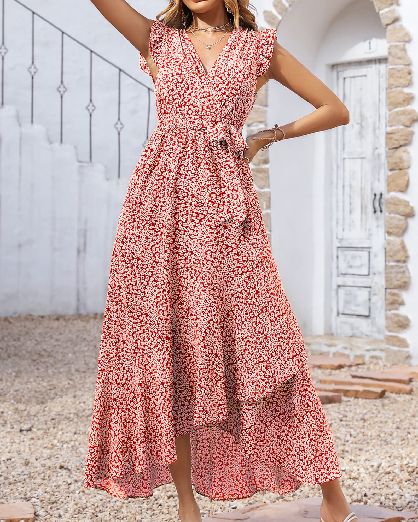 BTFBM Women's Floral Maxi Dress 2025 - V Neck Ruffle Sleeve Wrap Dress with Belt for Spring, Summer, Beach Vacations & Wedding Guest Outfits | Elegant Casual & Special Occasion Wear