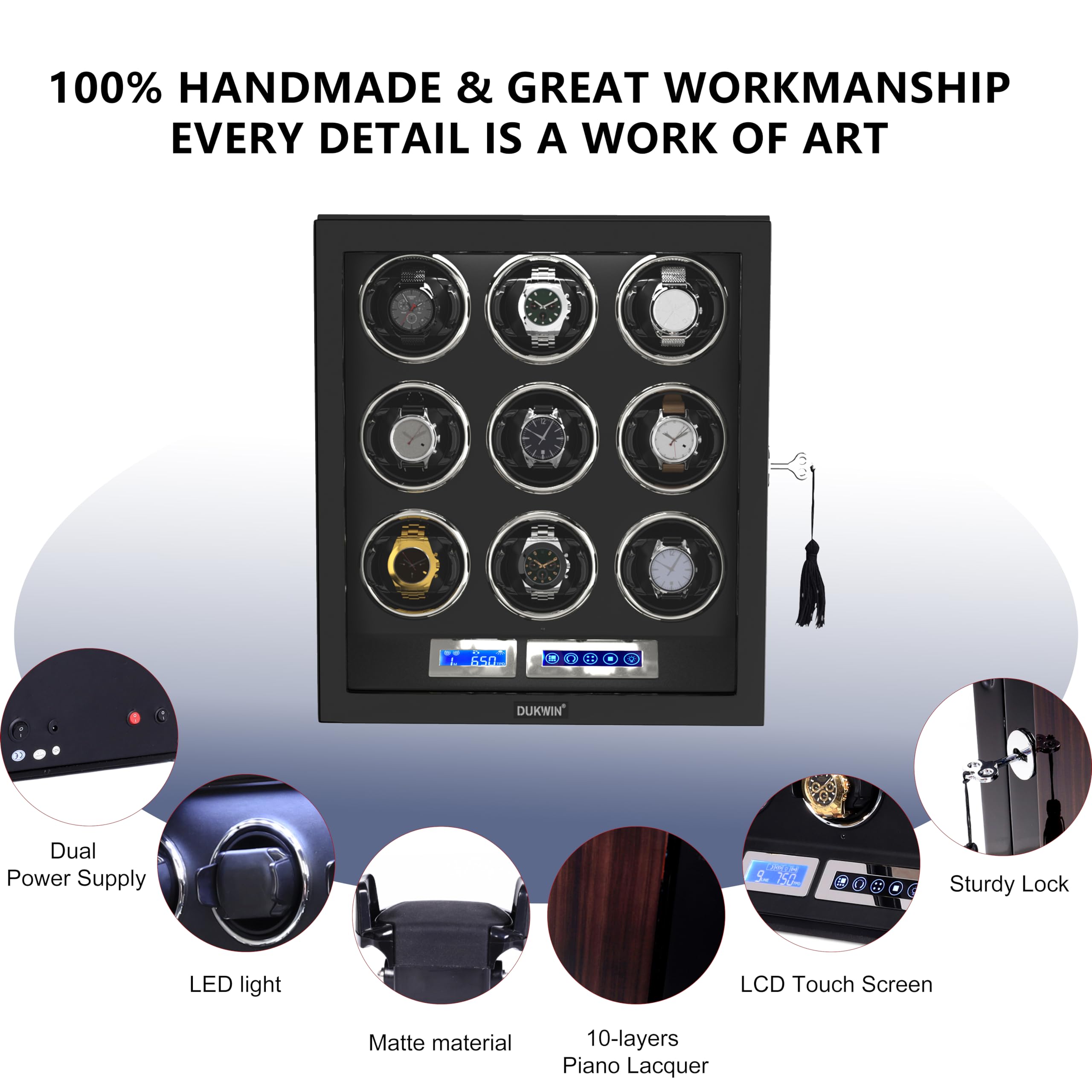 DUKWIN Automatic Watch Winder with LCD Touch Screen & Remote Control - Premium Watch Storage Case for 9/12 Automatic Watches | Perfect for Watch Collectors, Travel & Luxury Home Display
