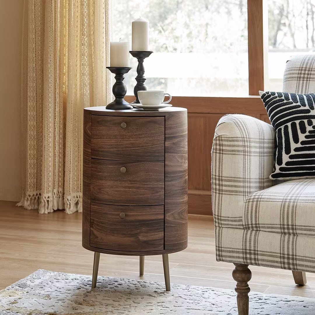 Etta 26 Inch Tall Drum 3-Drawer Round Boho End Table - Vintage Nightstand for Bedroom, Living Room & Office Decor