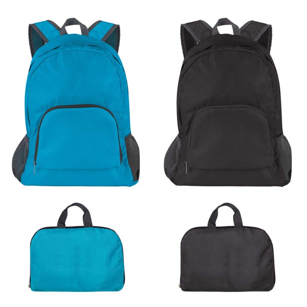 DaKuan 2 Pack Lightweight Foldable Backpack - 20L Water Resistant Travel Daypack for Hiking, Camping, Cycling & Outdoor Adventures (Black & Blue) - Perfect for Commuting, Gym, Beach & Weekend Getaways