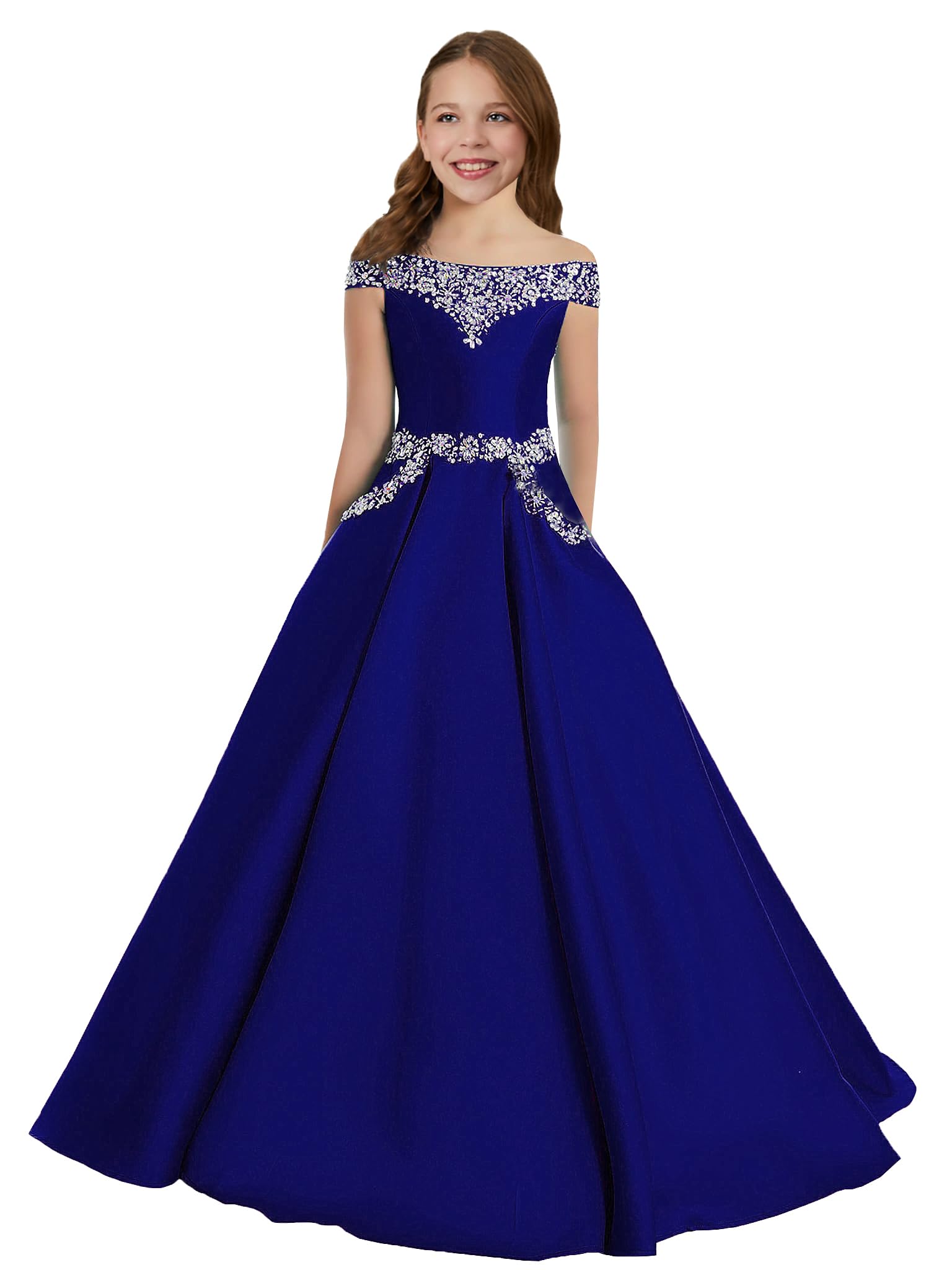 Off The Shoulder Girls Pageant Dresses Satin Long Princess Birthday Party Dress with Pockets - Elegant Formal Gown for Pageants, Quinceañeras, Prom & Special Occasions