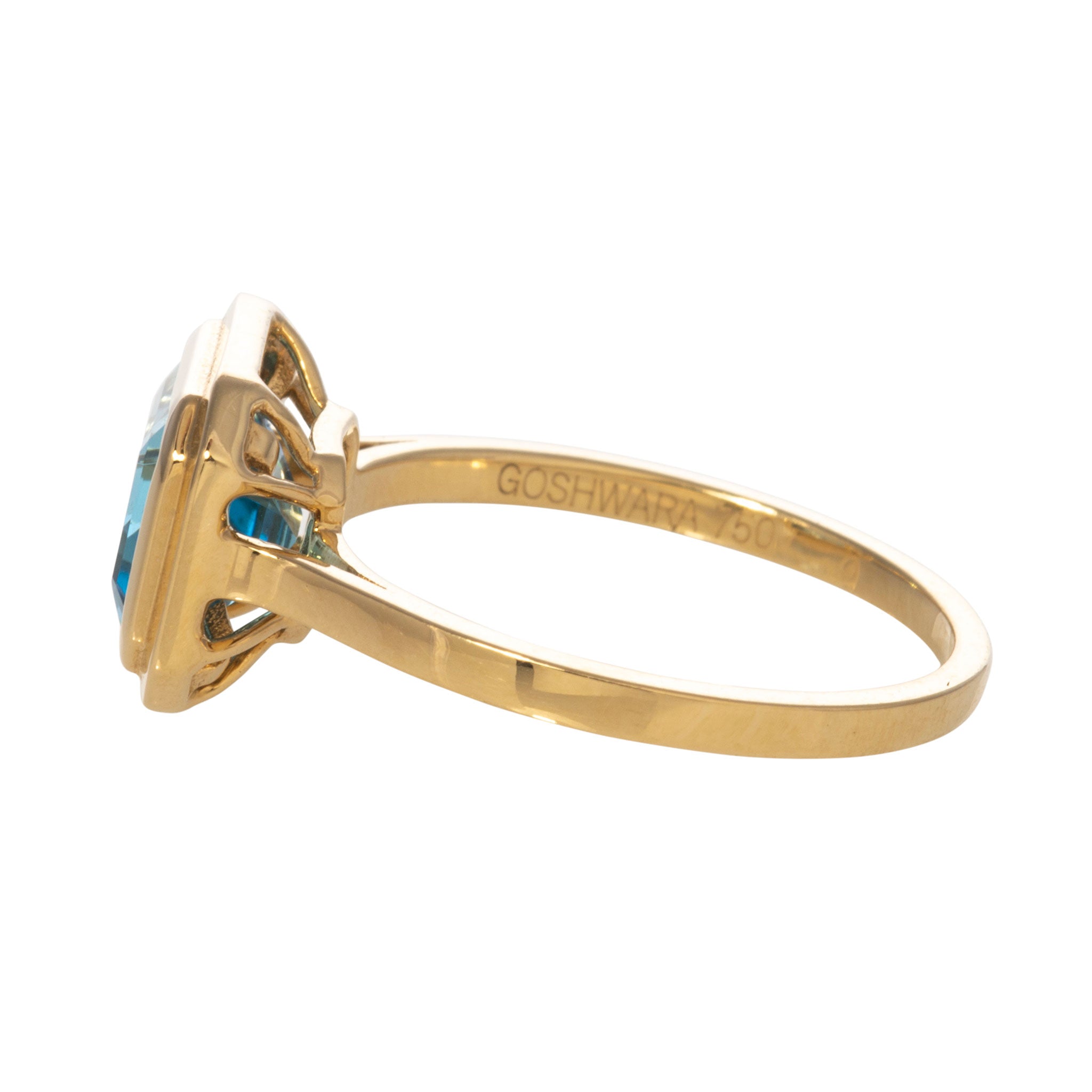 Goshwara Emerald Cut Blue Topaz Bezel Set 18K Gold Ring for Women | Elegant Wedding, Engagement & Anniversary Jewelry Gift