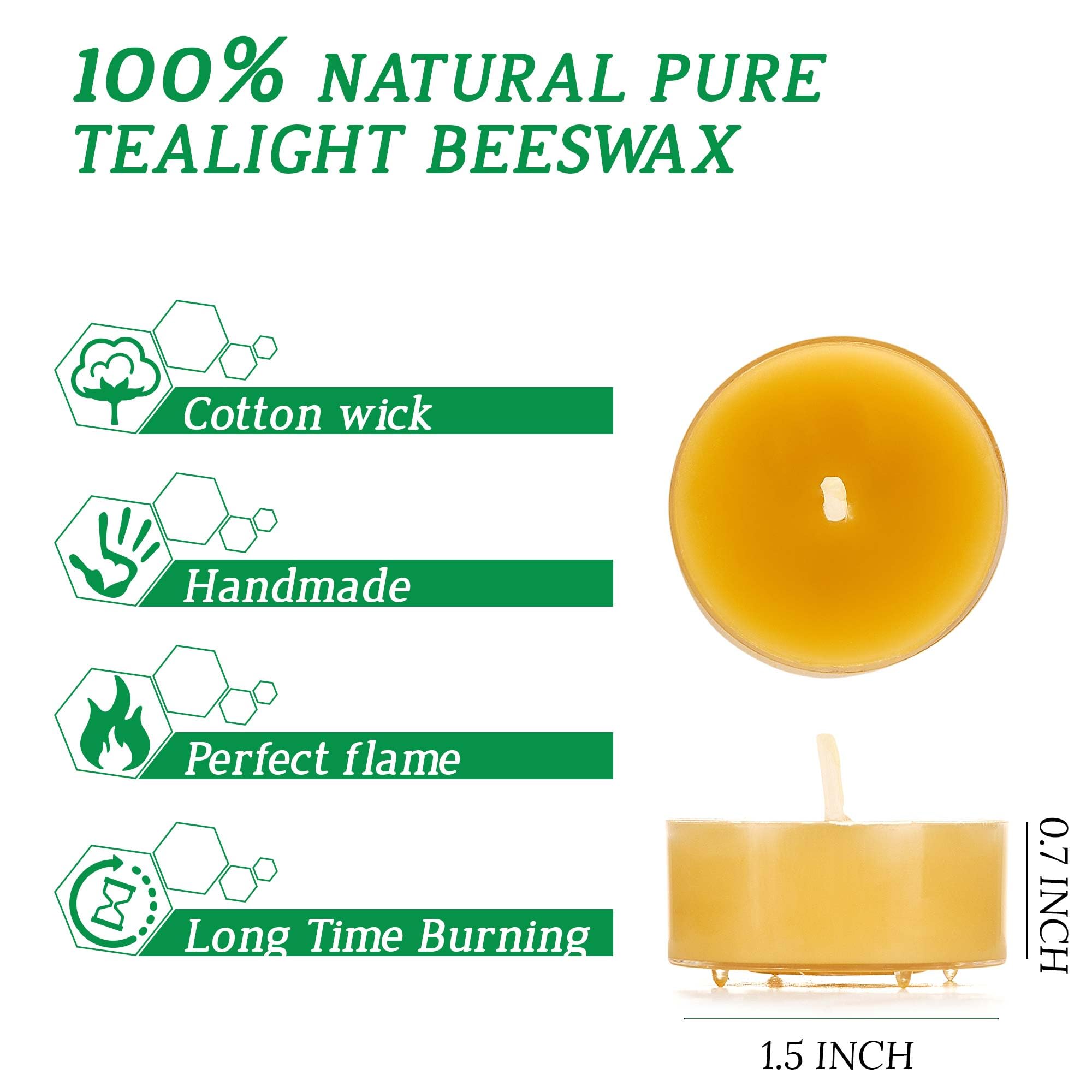 Natural Beeswax Tealight Candles - 12 Pack Long-Lasting (4 Hours Each) Eco-Friendly Tea Lights for Home Decor, Romantic Dinner, Spa Relaxation & Wedding Ambiance