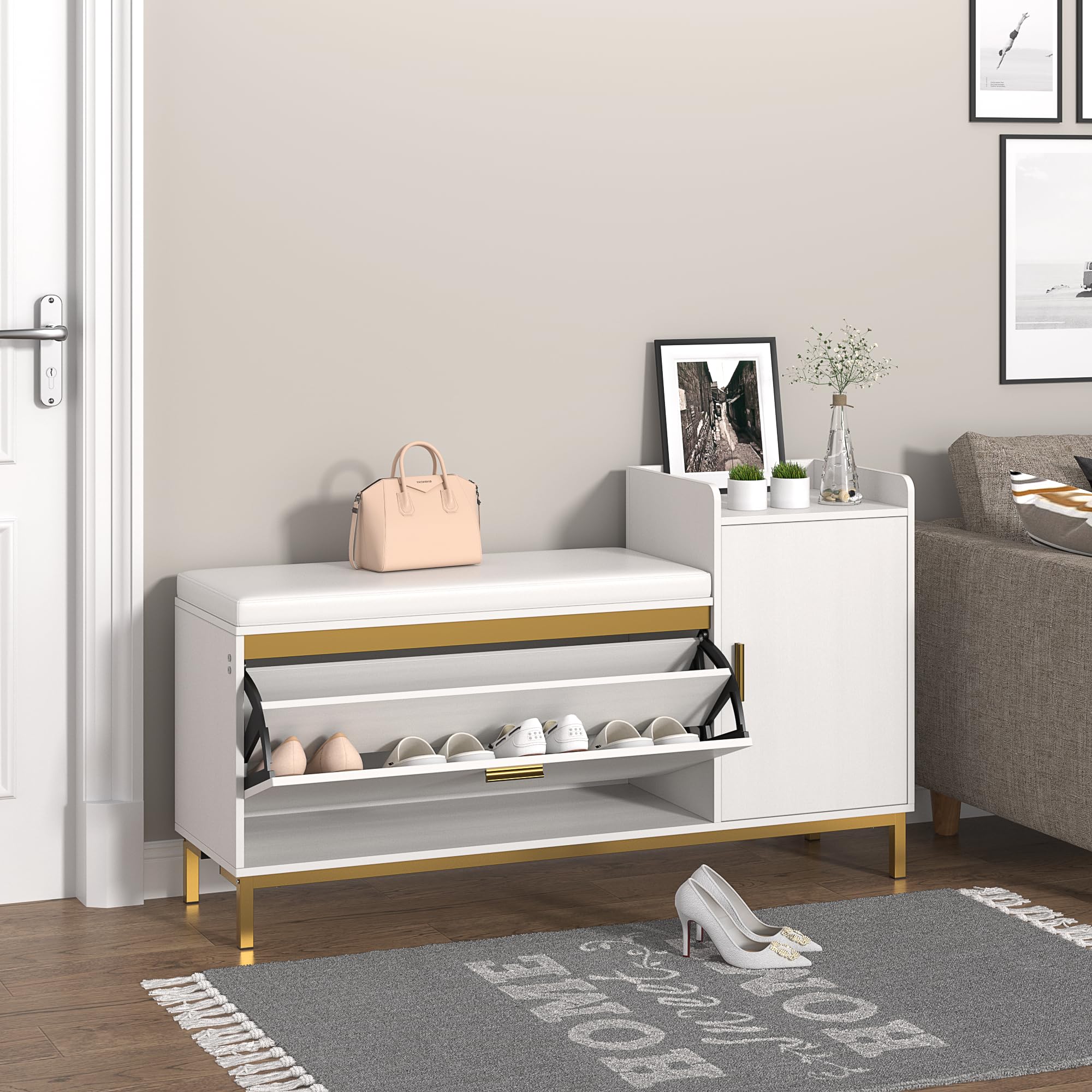 VECELO 2-Tier Shoe Storage Bench with Flip Drawers - Slim White Entryway Organizer with Removable Seat Cushion for Bedroom, Hallway & Living Room - Perfect for Small Spaces & Home Organization
