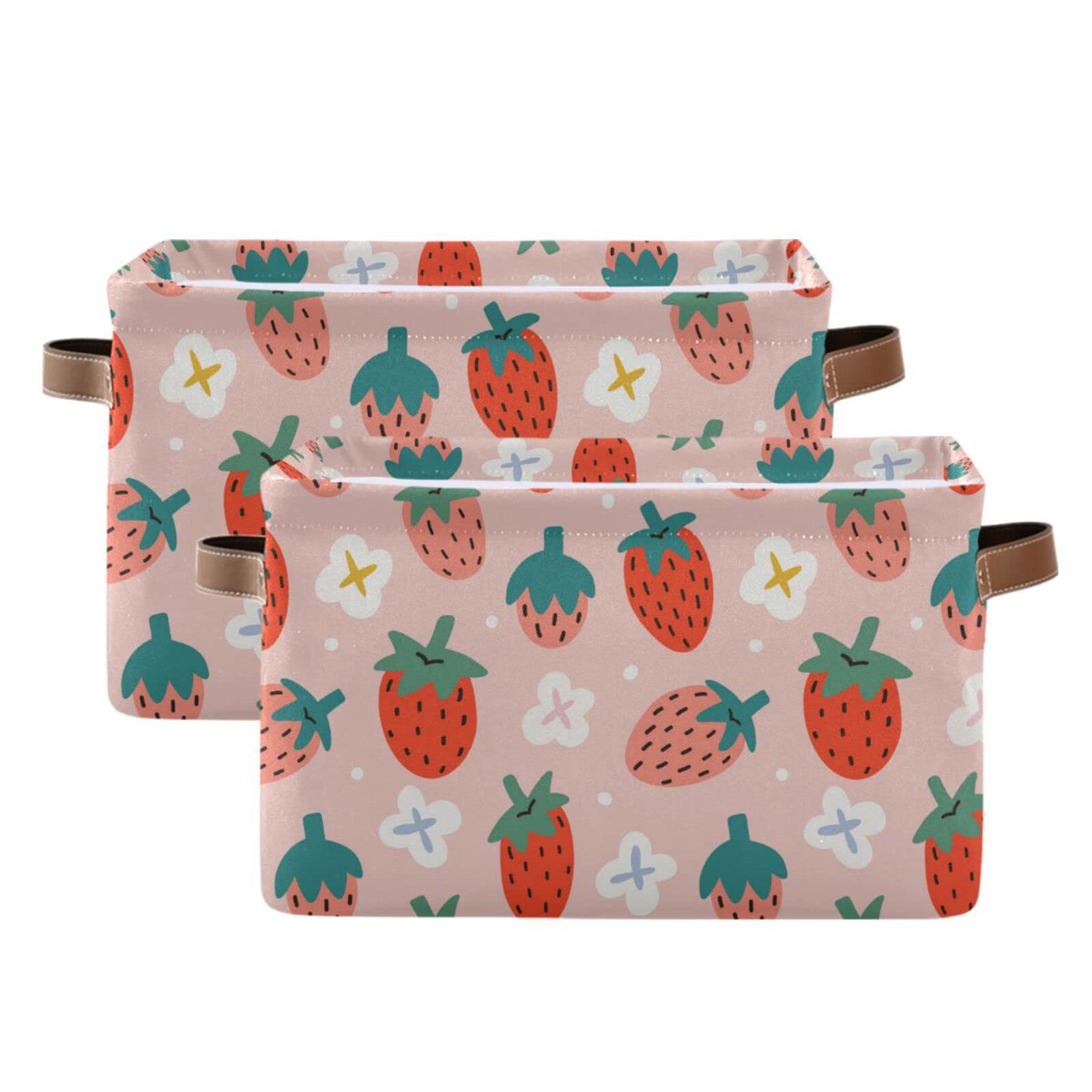 Strawberry Print Foldable Storage Bins (2-Pack) - Collapsible Fabric Storage Baskets with Handles for Nursery, Closet, Bedroom & Office Organization - Perfect for Toys, Books & Home Decor